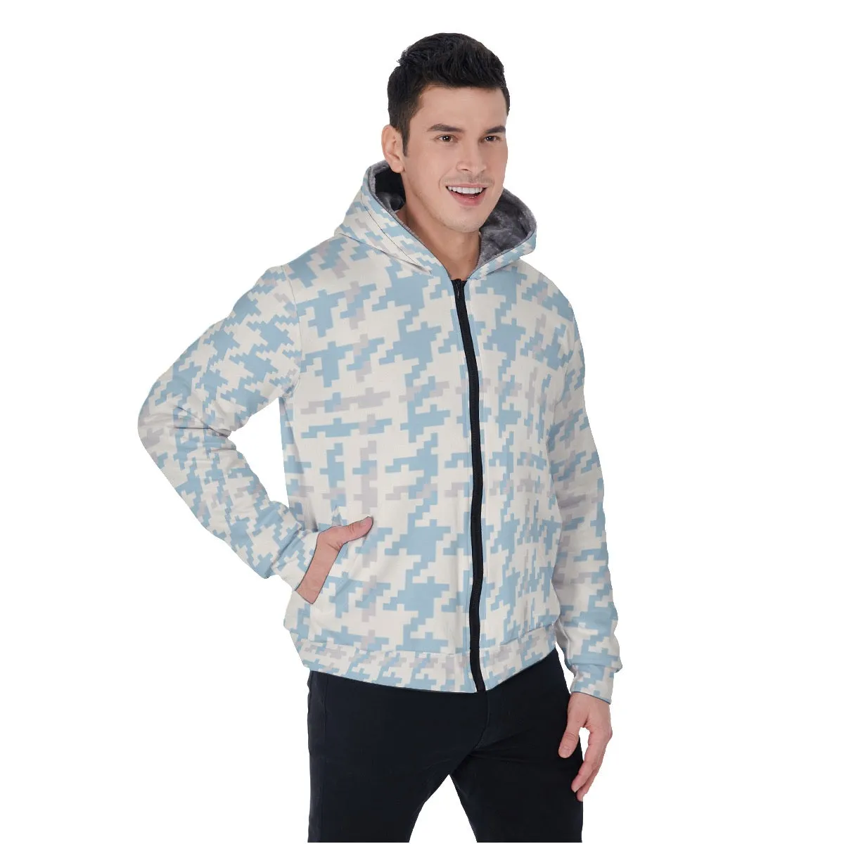 All-Over Print Men's Sherpa Fleece Zip Up Hoodie 26 80 blue and white print