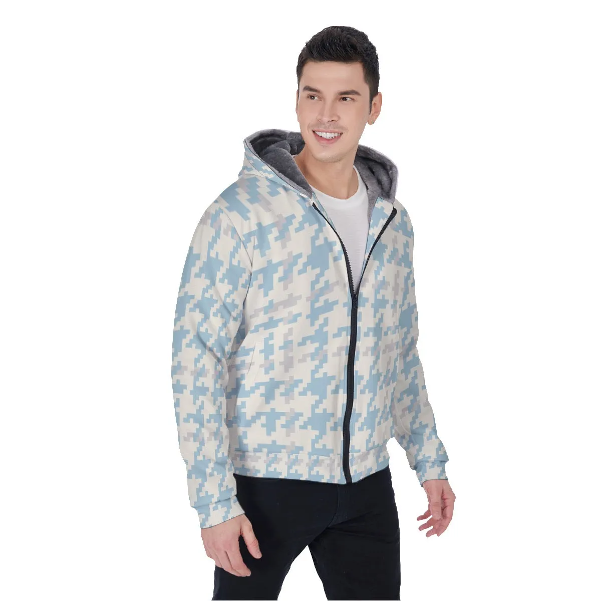 All-Over Print Men's Sherpa Fleece Zip Up Hoodie 26 80 blue and white print