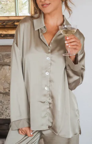 Always and Forever Button Down ~ Moss Green Luxe Satin