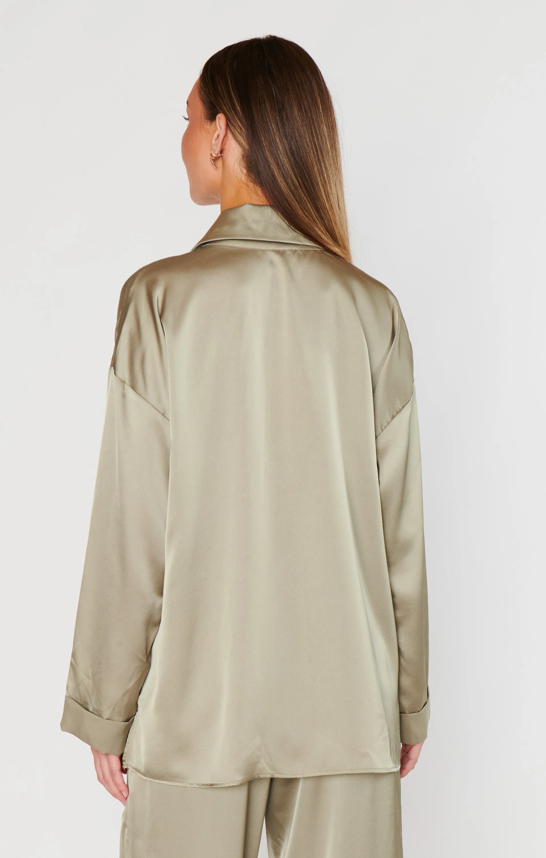 Always and Forever Button Down ~ Moss Green Luxe Satin