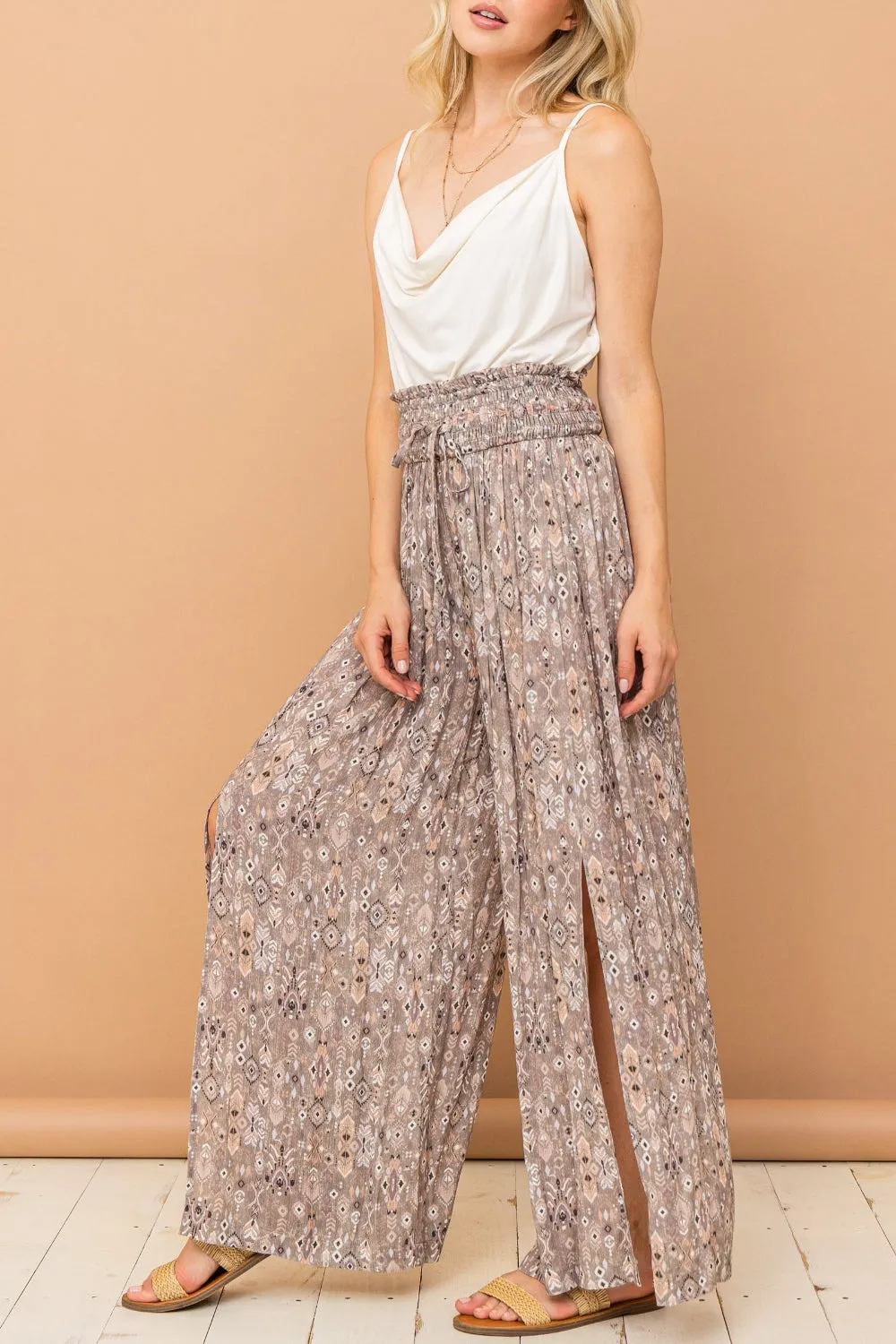 And The Why Printed Smocked Waist Slit Wide Leg Pants