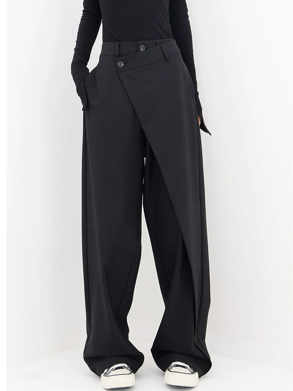 Asymmetrical Layer Button Trendy Wide Leg Dress Pants