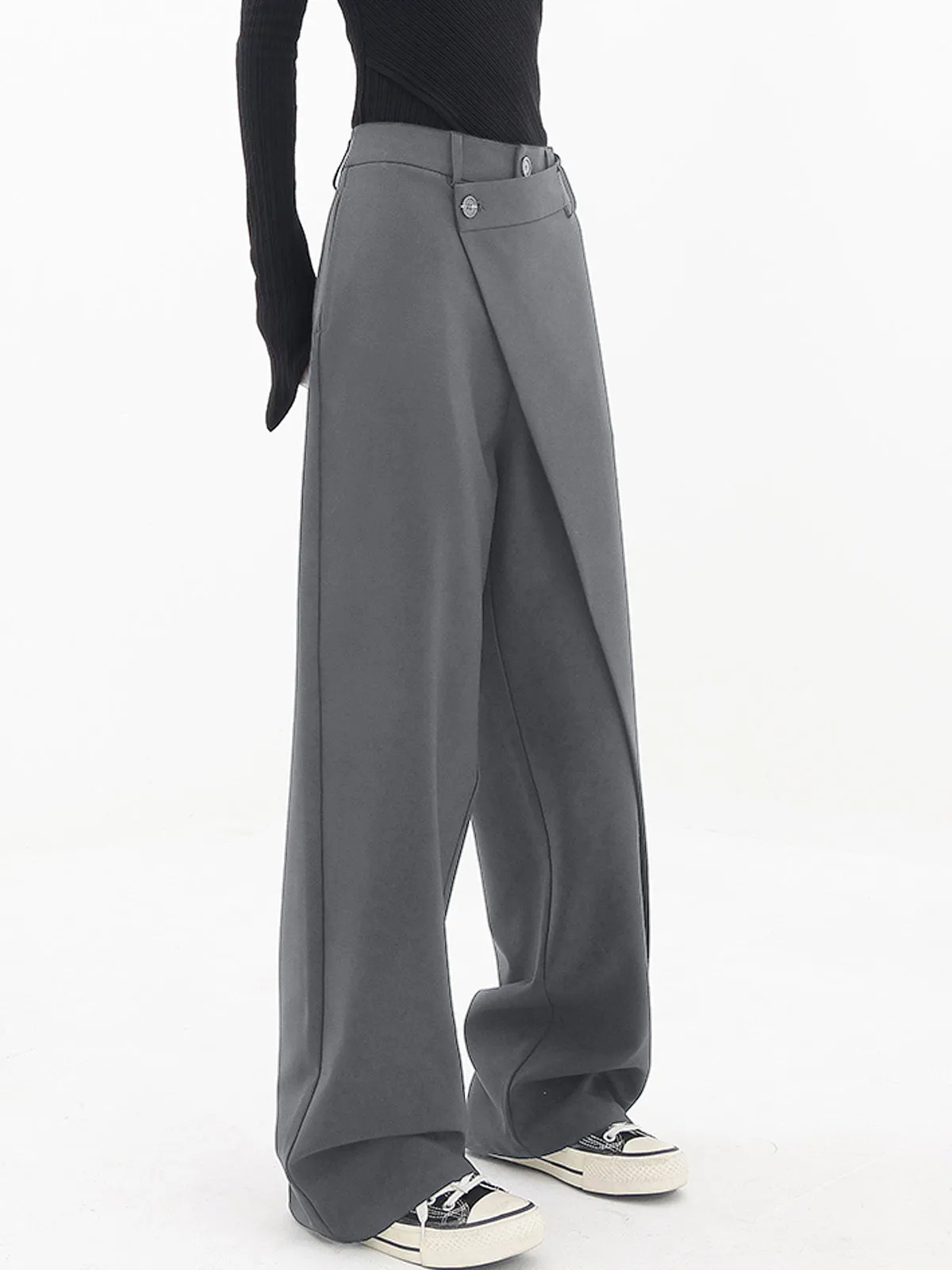 Asymmetrical Layer Button Trendy Wide Leg Dress Pants