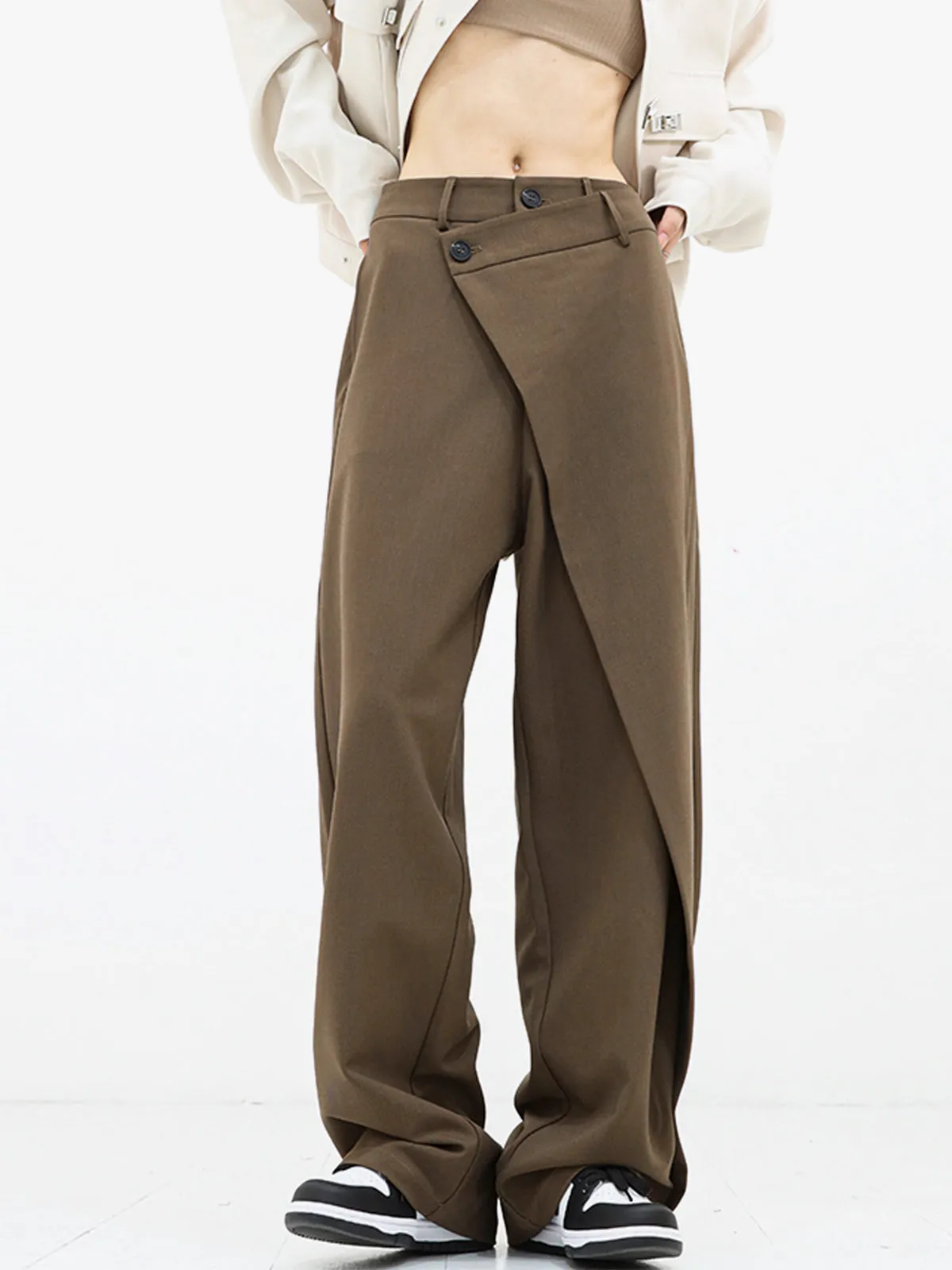 Asymmetrical Layer Button Trendy Wide Leg Dress Pants