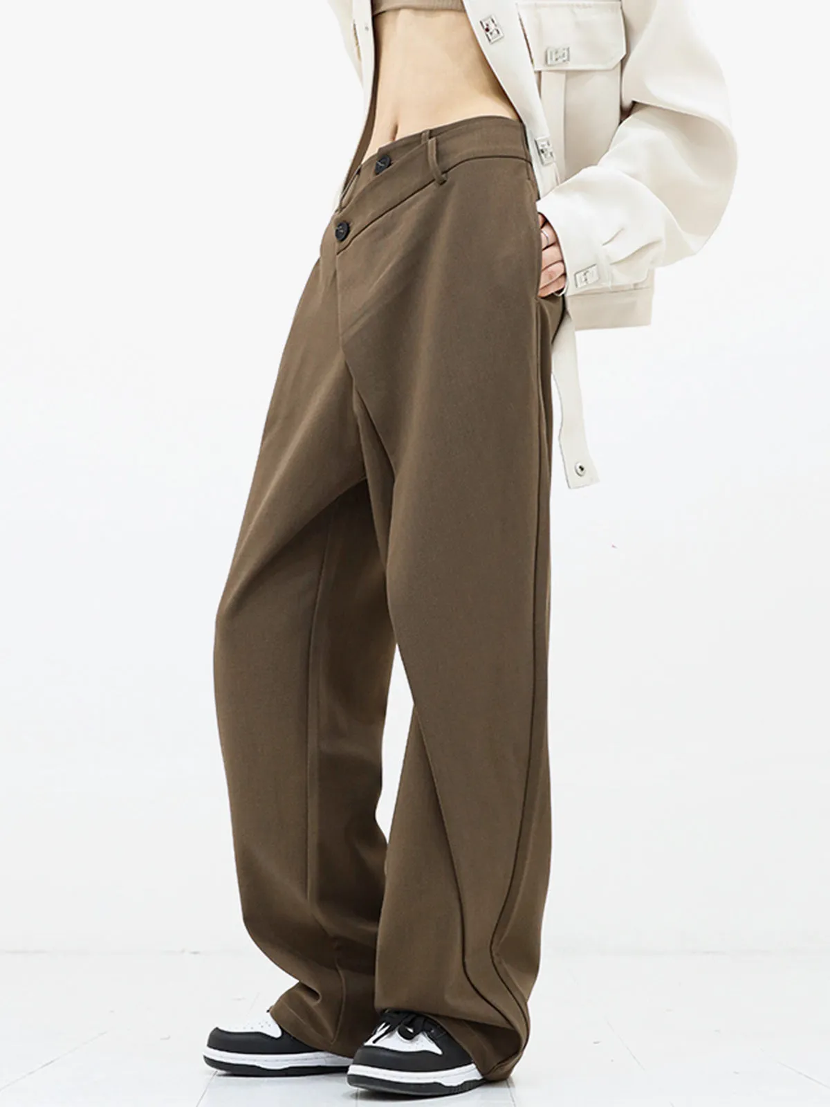 Asymmetrical Layer Button Trendy Wide Leg Dress Pants