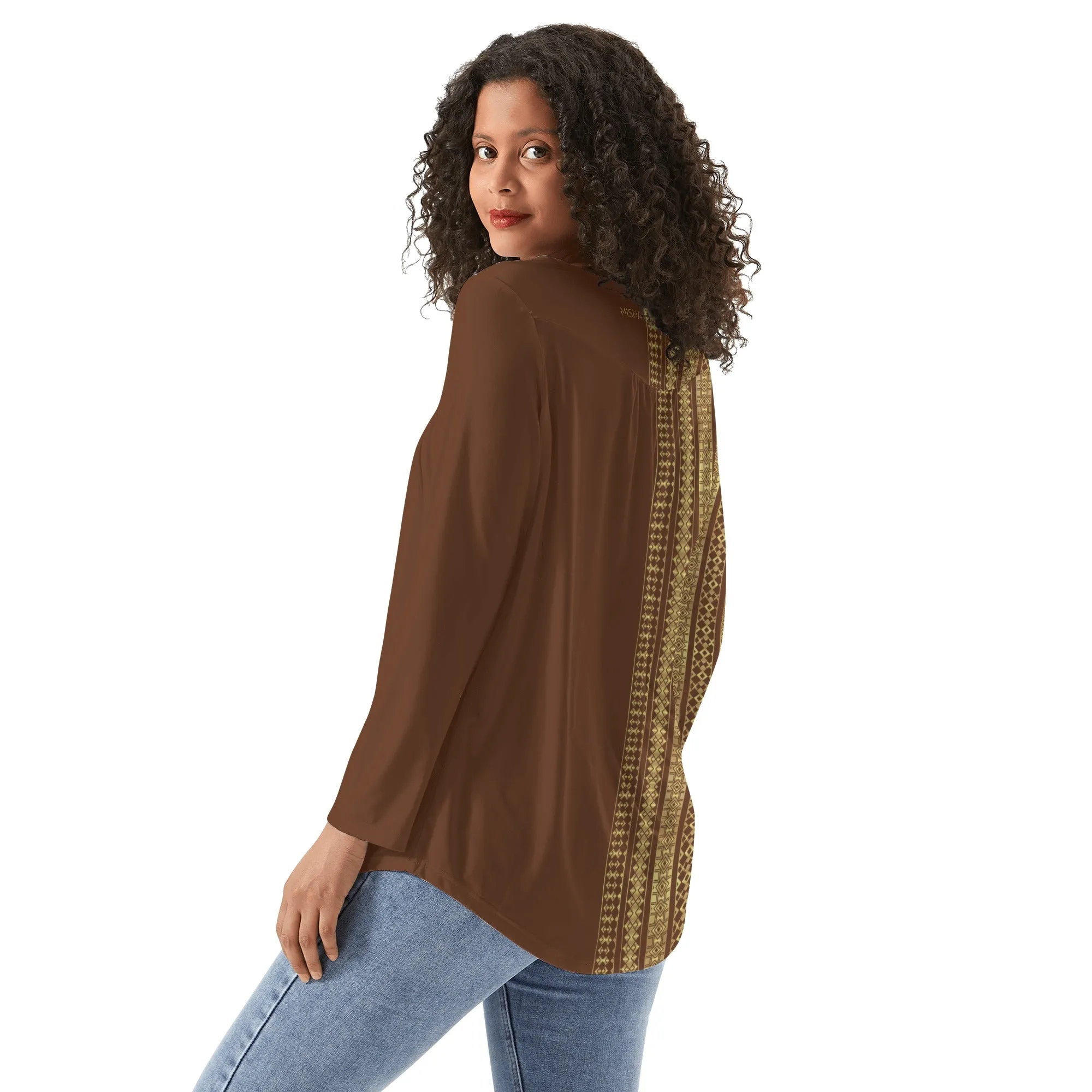 Babydoll Pattern Velvet Brown Casual Neck Top