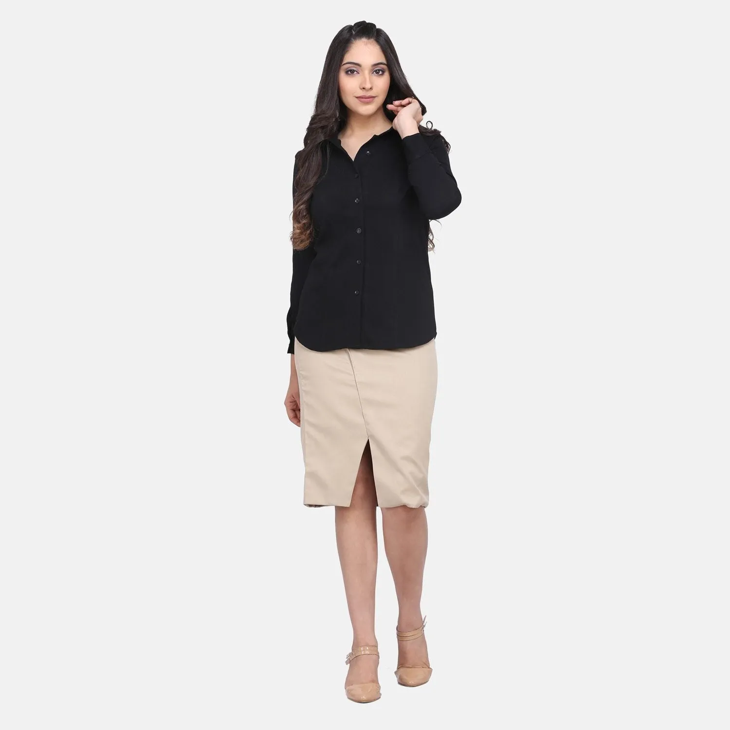 Black Comfortable Solid Cotton Collared Work Shirt