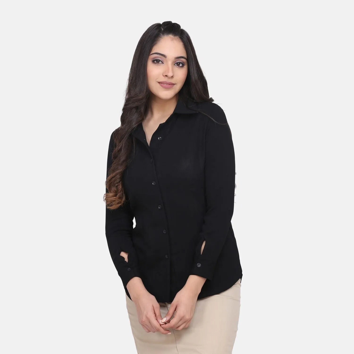 Black Comfortable Solid Cotton Collared Work Shirt