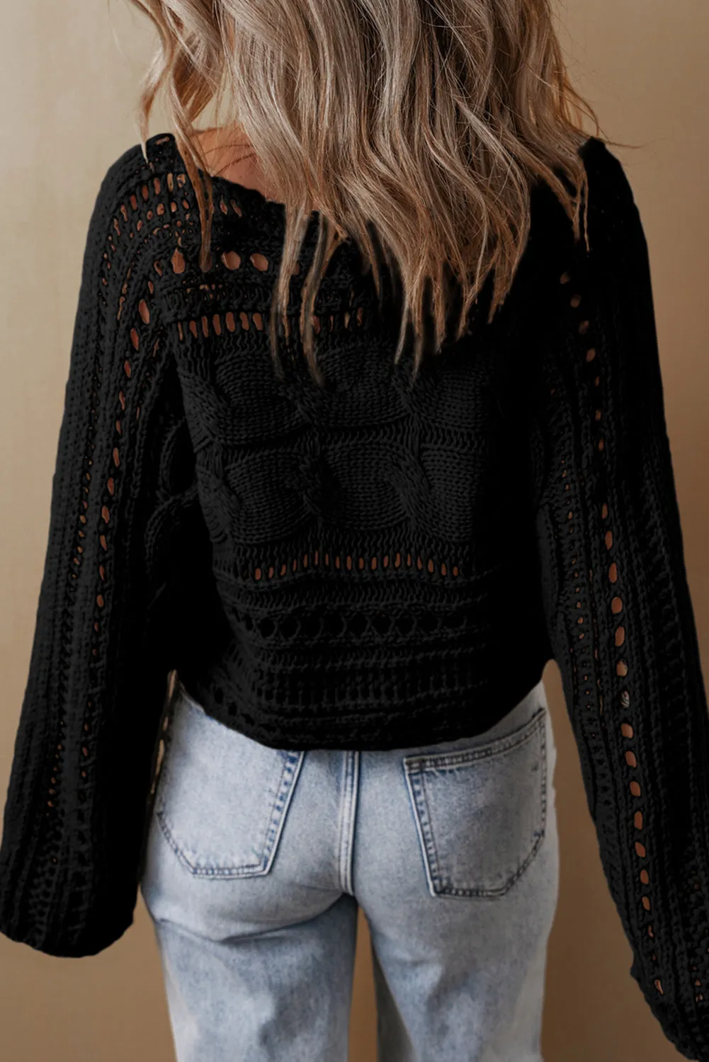 Black Hollow-out Cable Knit Cropped Sweater