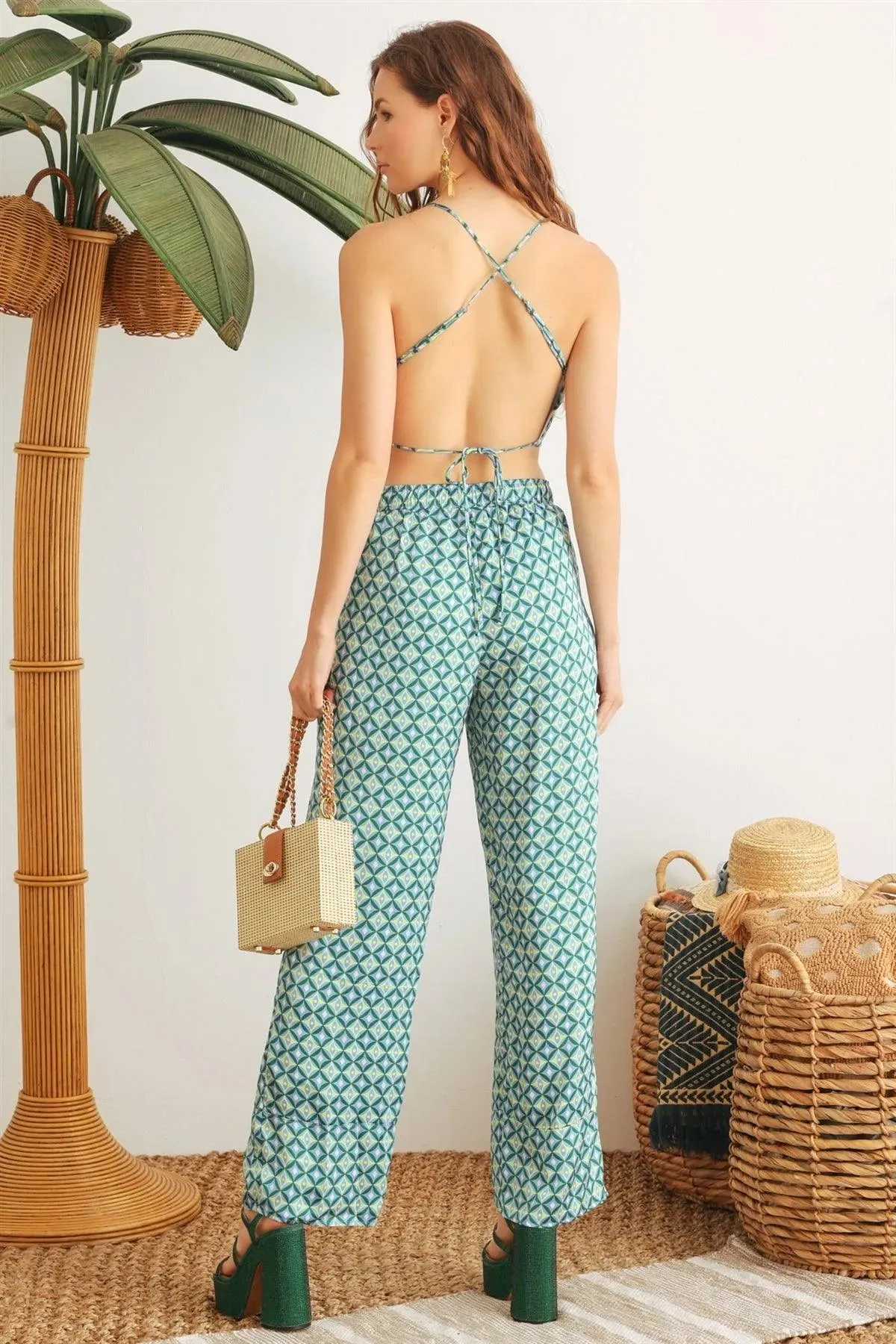 Blue & Lime Abstract Satin Sleeveless Crop Top & High Waist Wide Leg Pants Set /1-2-2-1