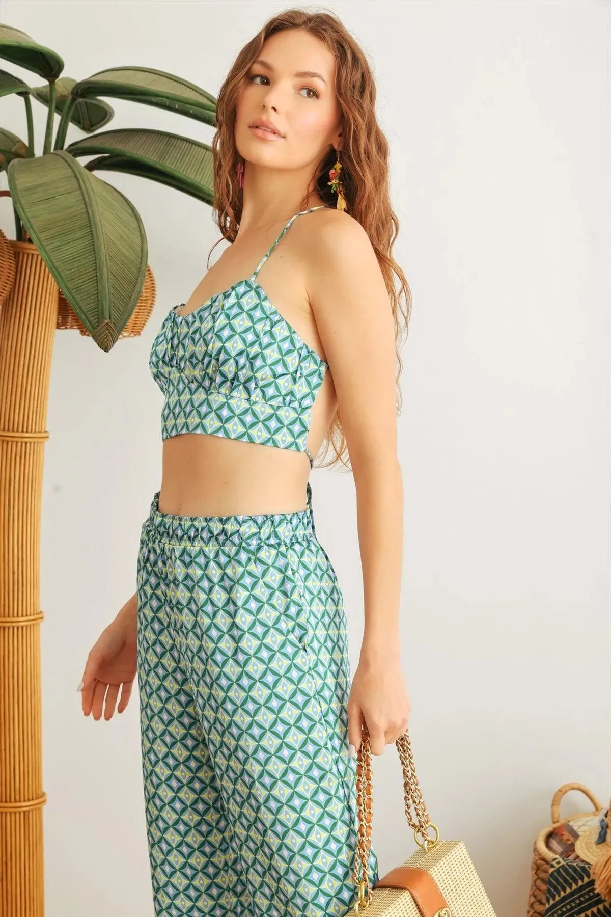 Blue & Lime Abstract Satin Sleeveless Crop Top & High Waist Wide Leg Pants Set /1-2-2-1