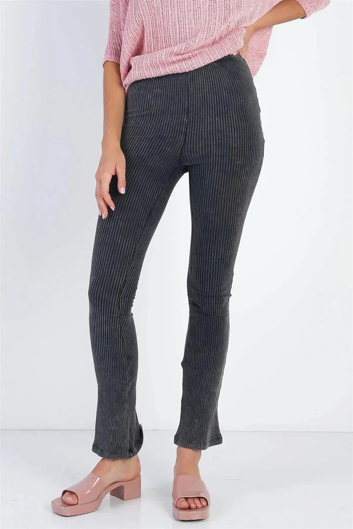 Charcoal Washed Cotton Ribbed Flare Legging Pants /2-2-1