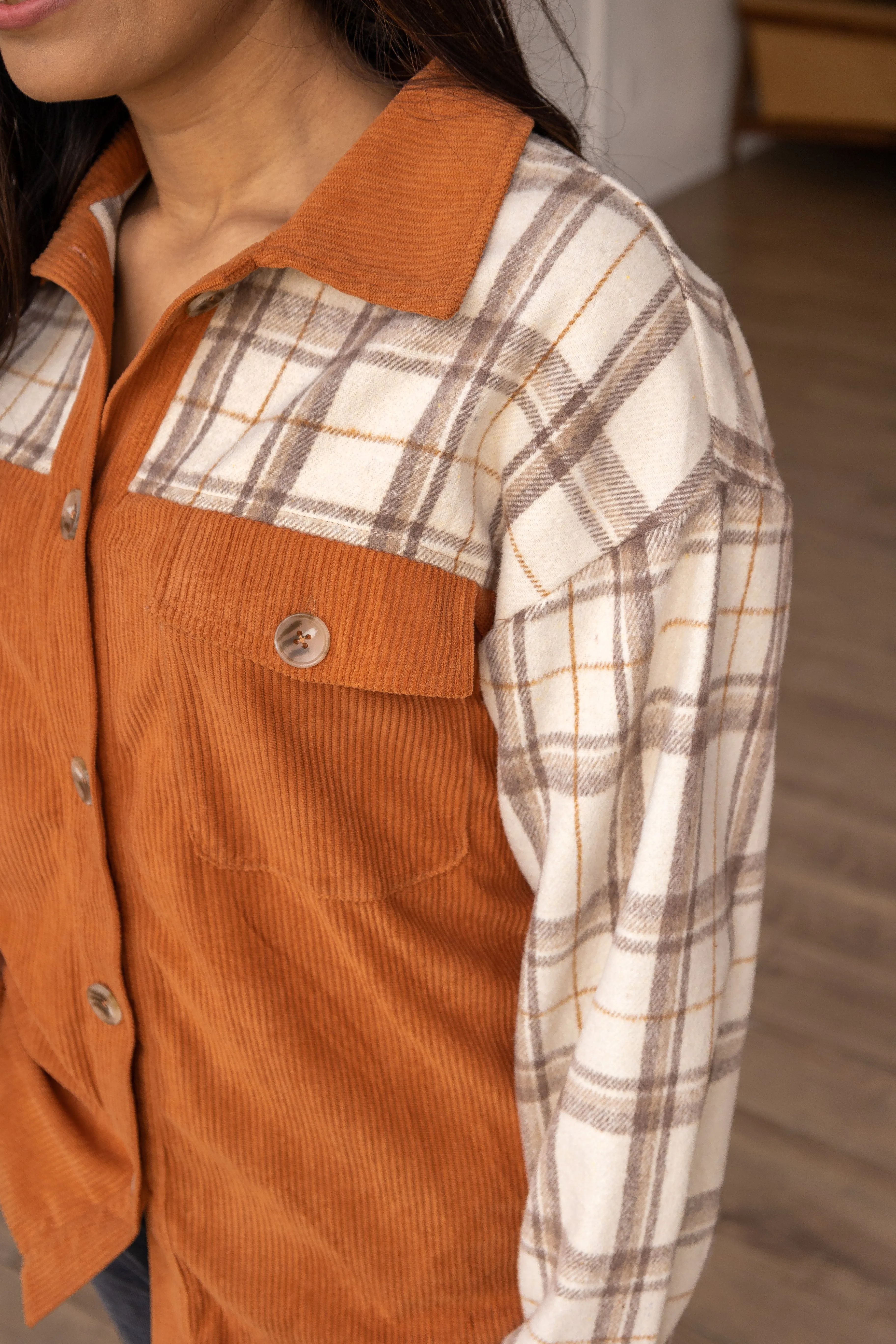 Cozy Calling Rust Plaid Button Down Top