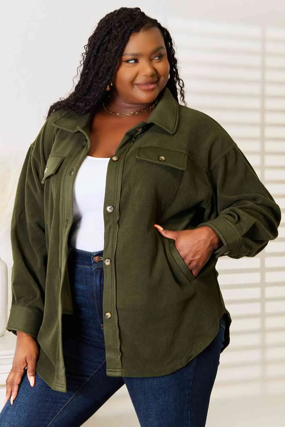 Cozy Girl Button Down Shacket-Army Green