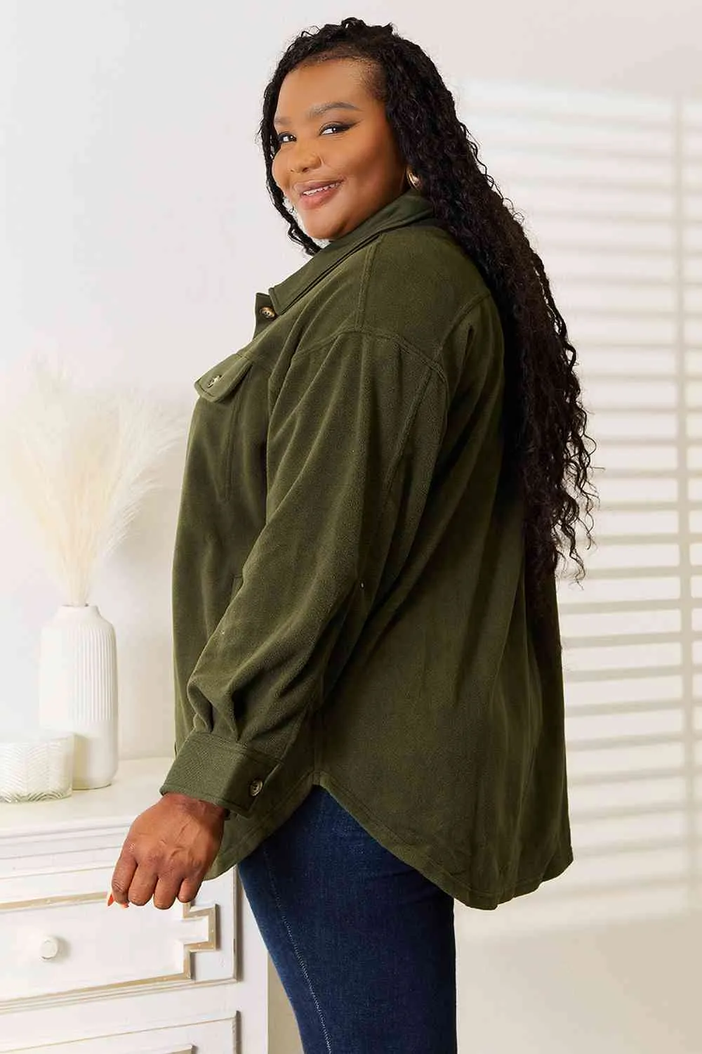 Cozy Girl Button Down Shacket-Army Green