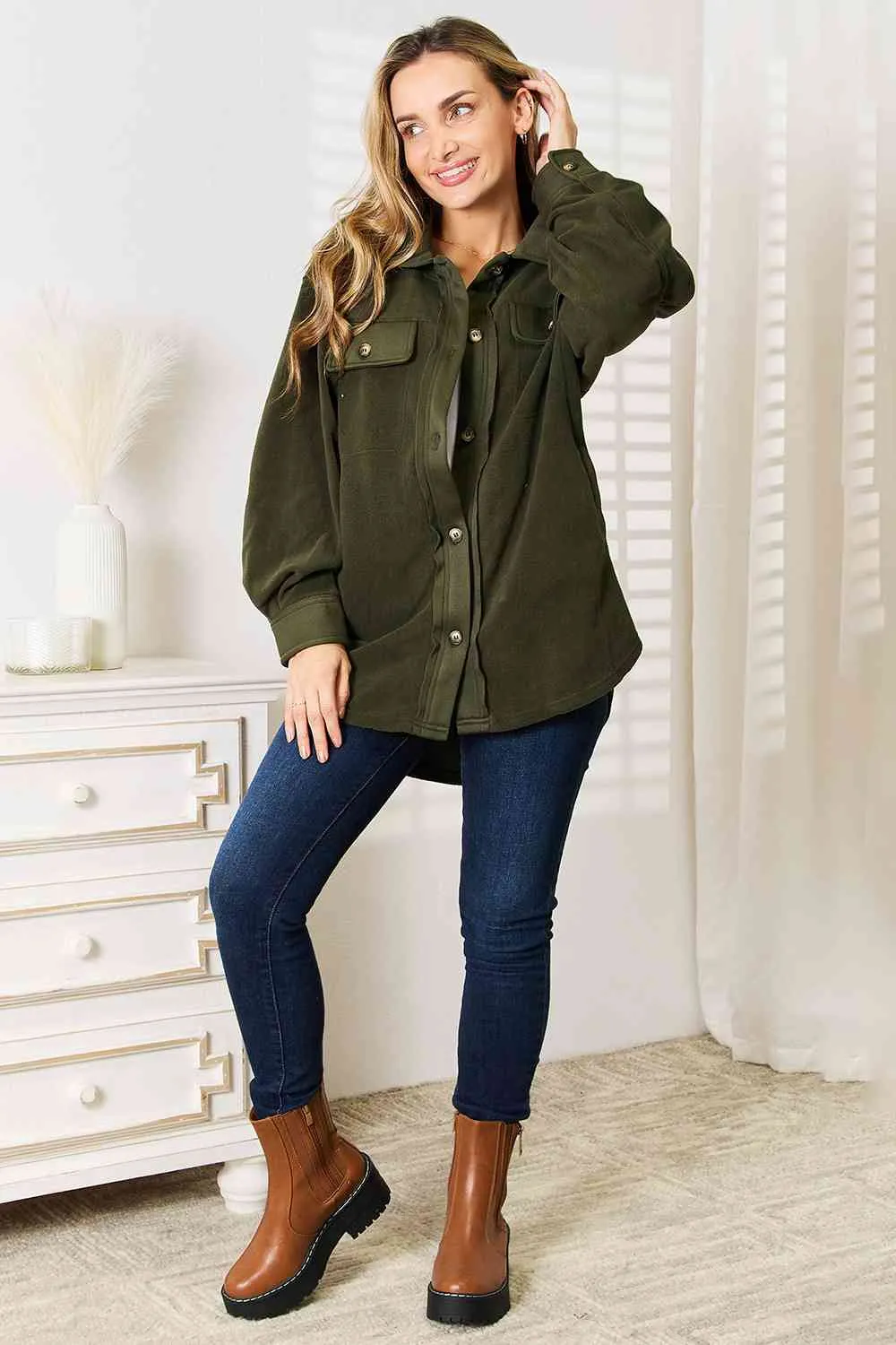 Cozy Girl Button Down Shacket-Army Green