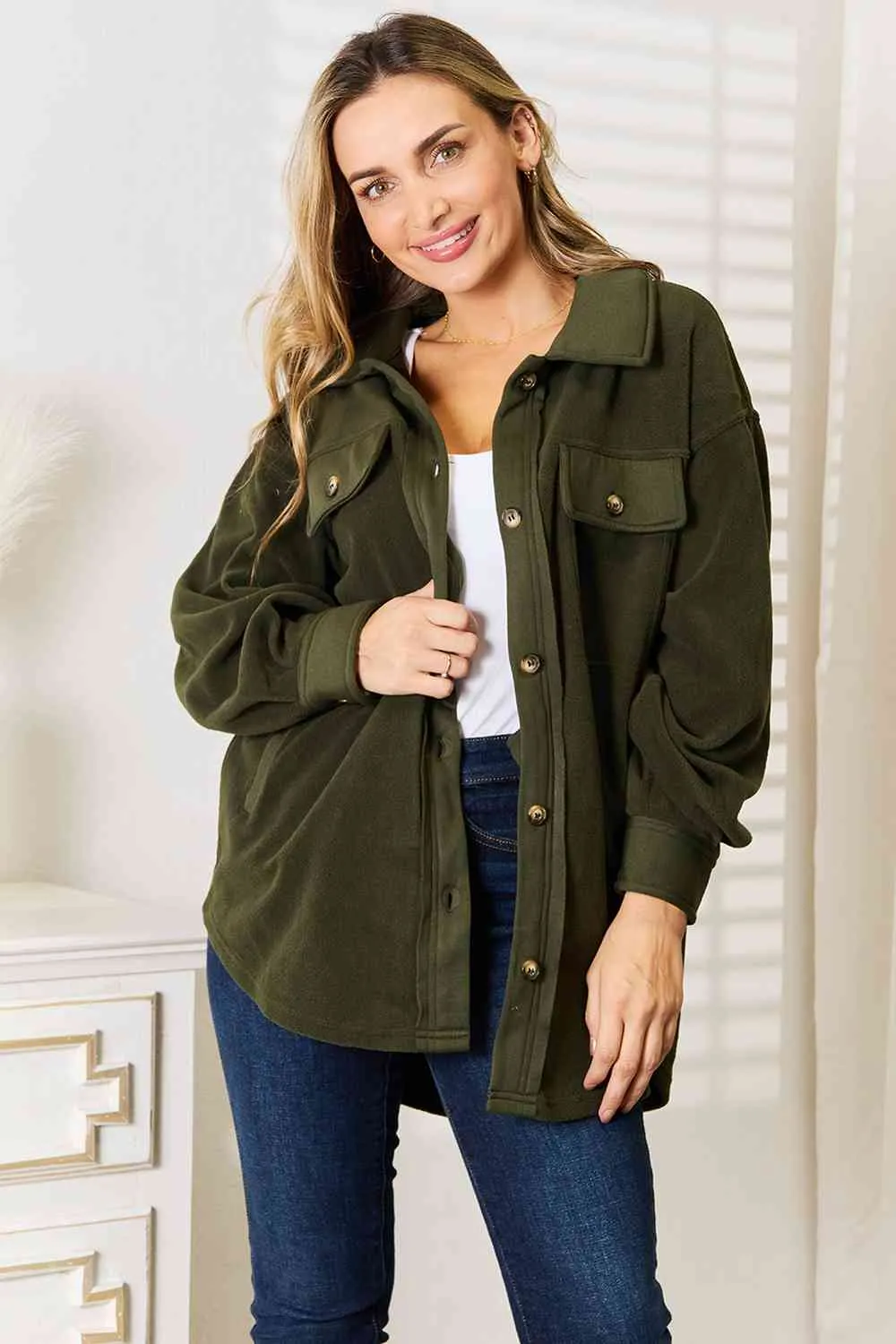 Cozy Girl Button Down Shacket-Army Green