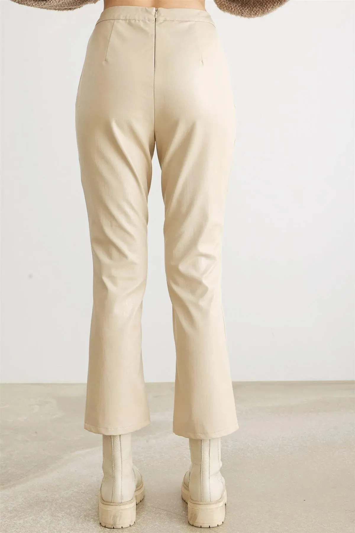 Cream Faux Leather High Waist Pants /1-2-2