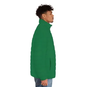 Dark Green Color Men's Jacket, Best Regular Fit Polyester Men's Puffer Jacket With Stand Up Collar (US Size: S-2XL)