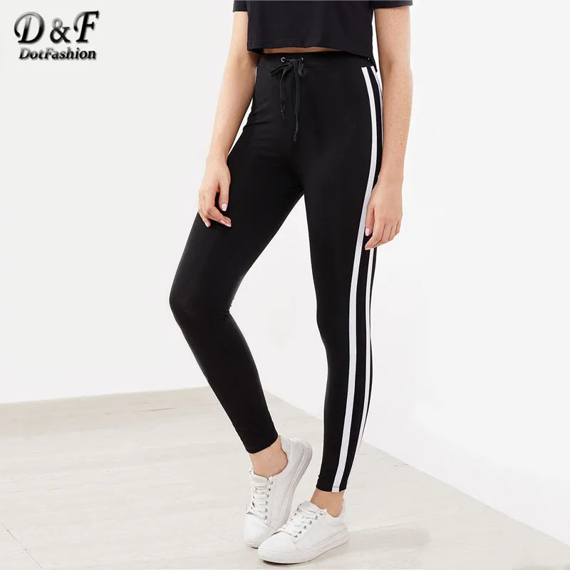 Dotfashion Women Drawstring Waist Side Striped Leggings 2018 Women Mid Waist Ankle-Length Bottoms Black Fitness Leggings