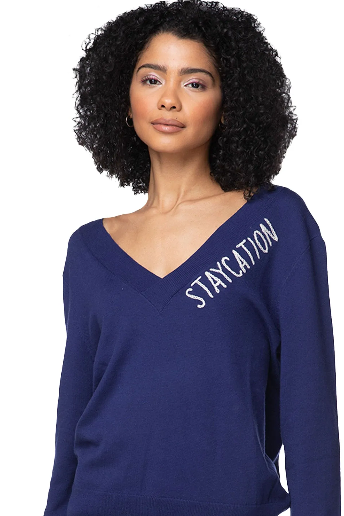 Eco Cotton V-Neck Sweater | Staycation Embroidery Hand Stitch