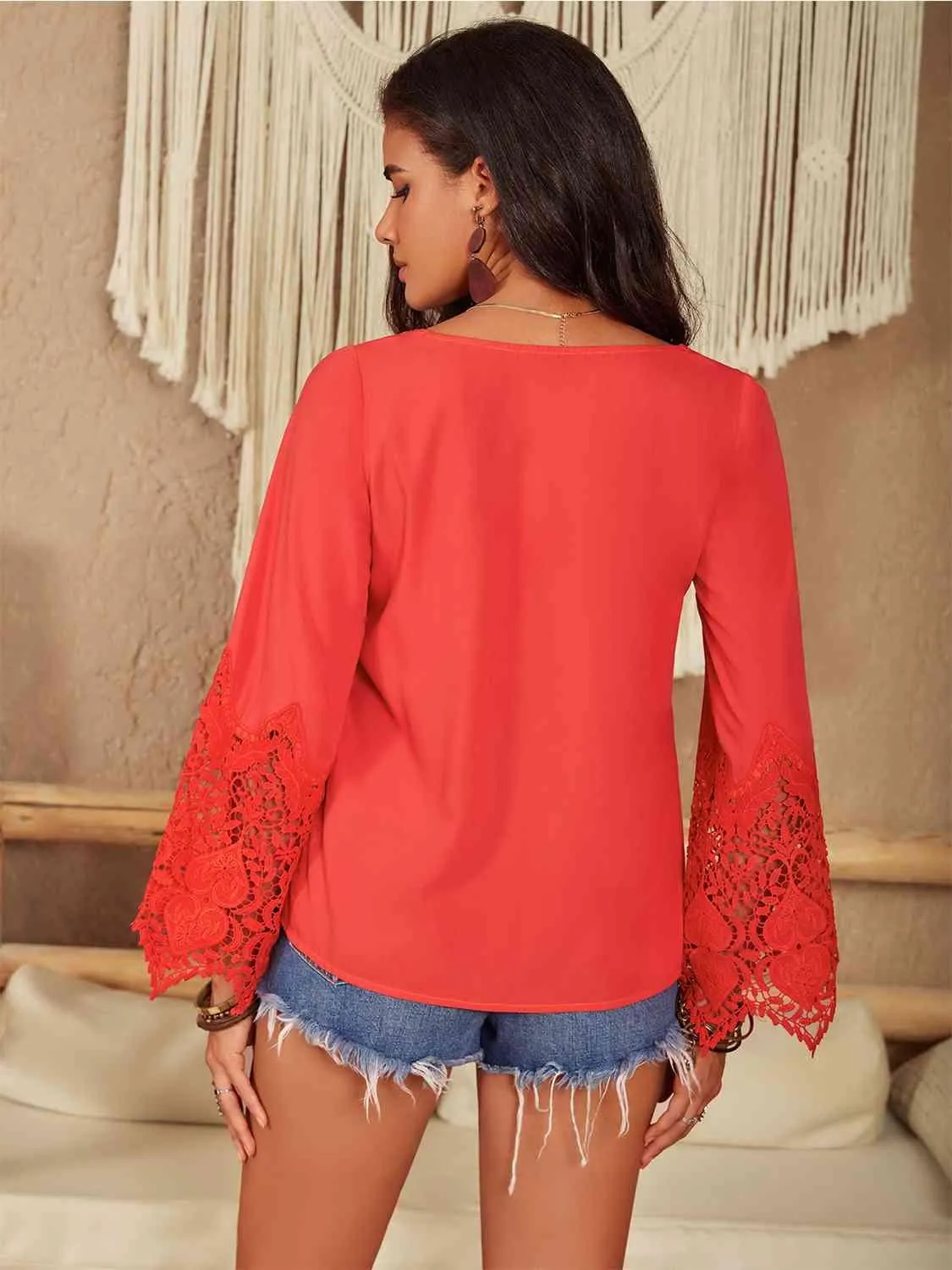 Elegant Long Sleeve Lace Blouse with Square Neck Design