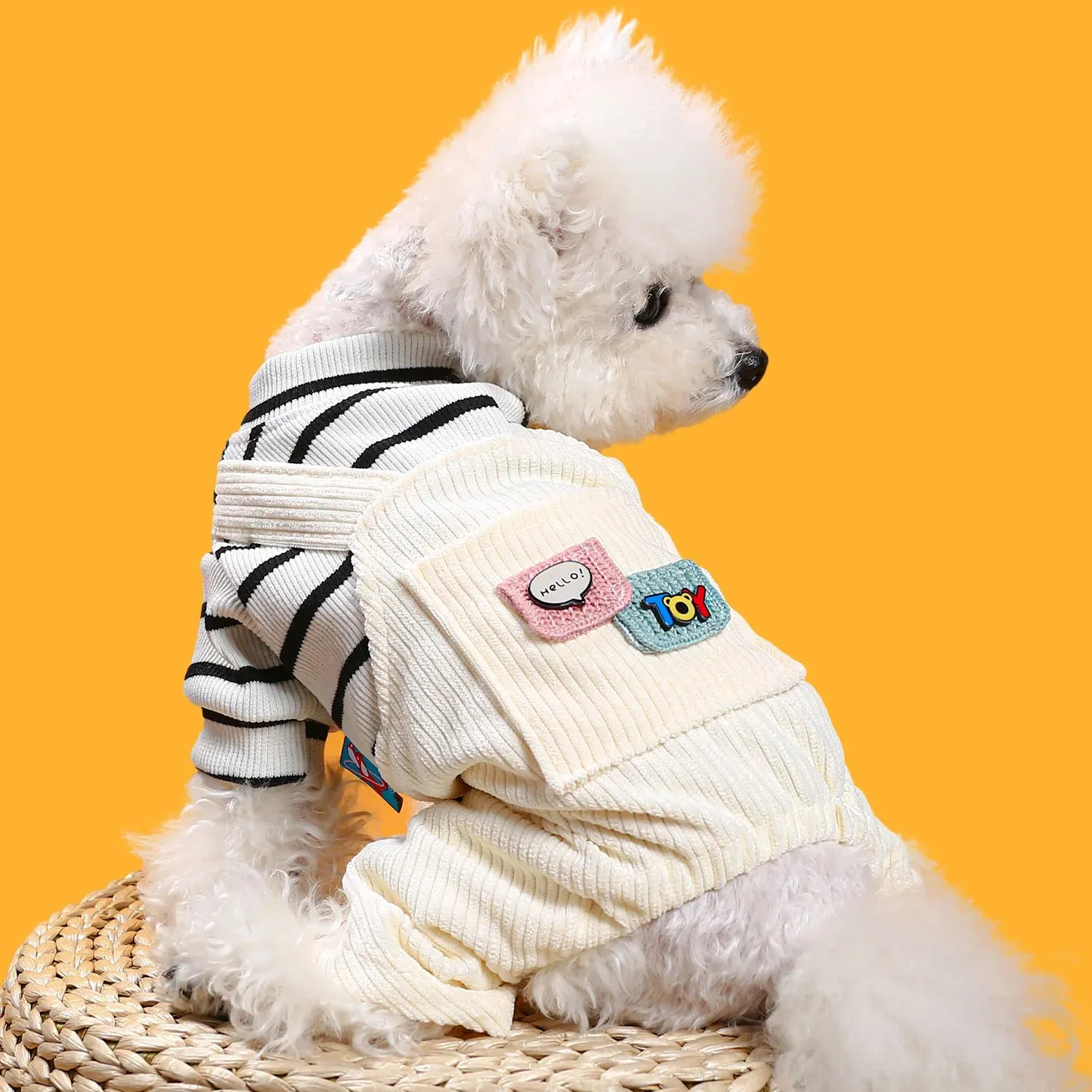 Fashion Forward: Black and White Stripe Pocket Button Four-Leg Strap Pants - Autumn Winter Pet Apparel for Small and Medium-Sized Dogs