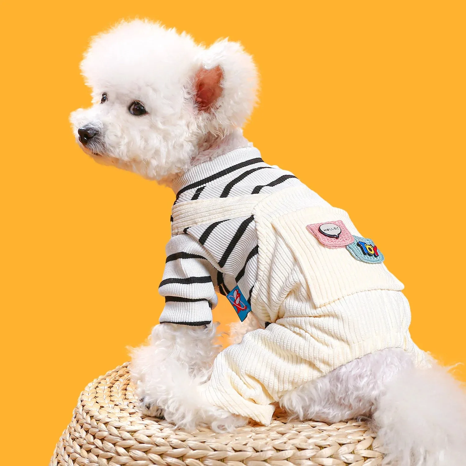 Fashion Forward: Black and White Stripe Pocket Button Four-Leg Strap Pants - Autumn Winter Pet Apparel for Small and Medium-Sized Dogs