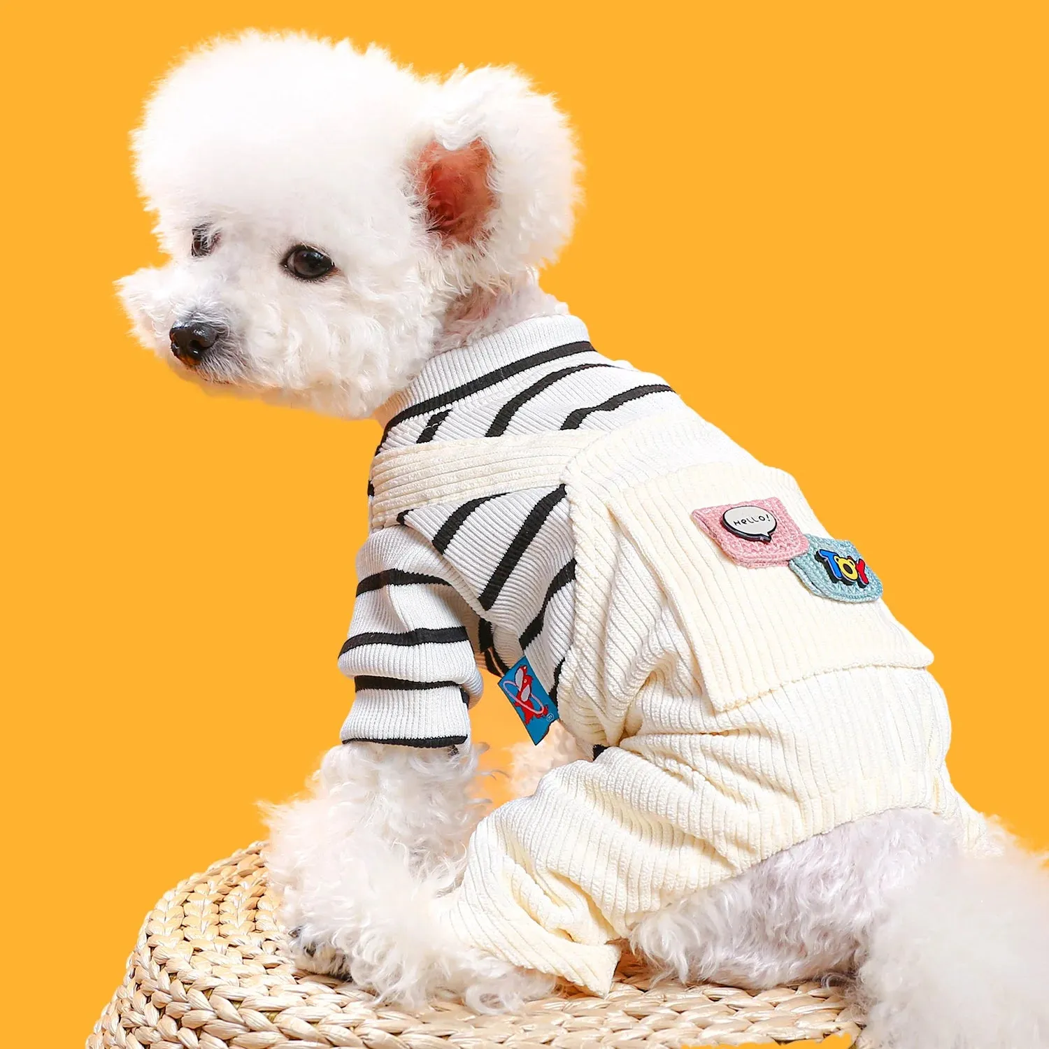 Fashion Forward: Black and White Stripe Pocket Button Four-Leg Strap Pants - Autumn Winter Pet Apparel for Small and Medium-Sized Dogs