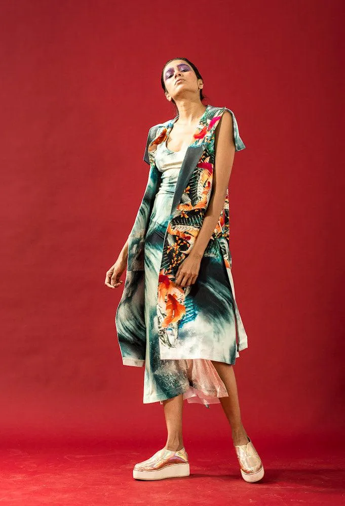 Fish Reflection Print Sleeveless Trench Coat