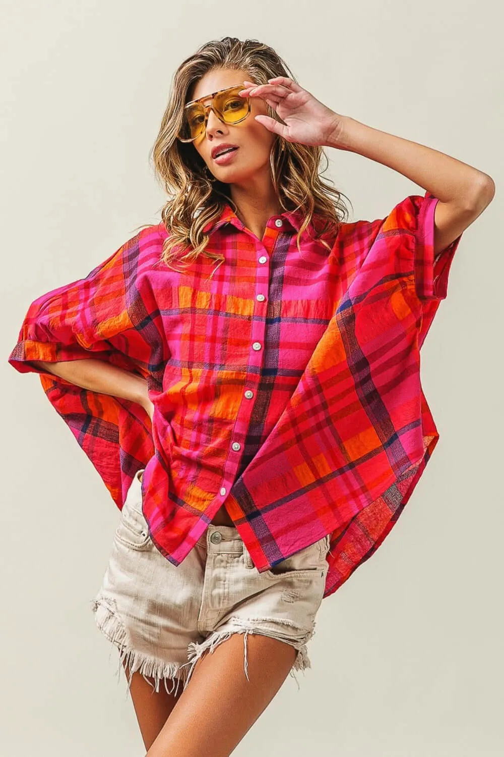 Fuchsia Button Up Dolman Sleeve Plaid Shirt Top