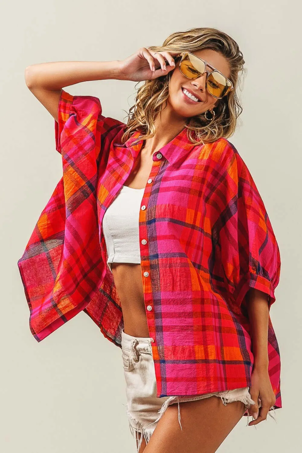 Fuchsia Button Up Dolman Sleeve Plaid Shirt Top