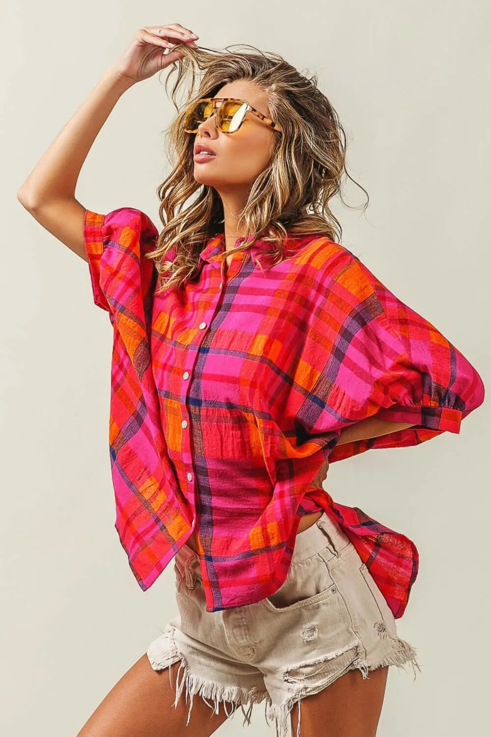 Fuchsia Button Up Dolman Sleeve Plaid Shirt Top