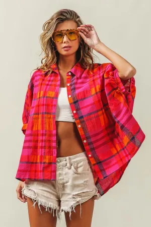 Fuchsia Button Up Dolman Sleeve Plaid Shirt Top