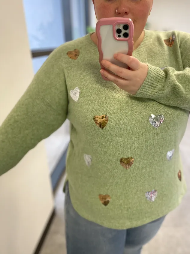 Gracie Sequin Heart Knit in Sage