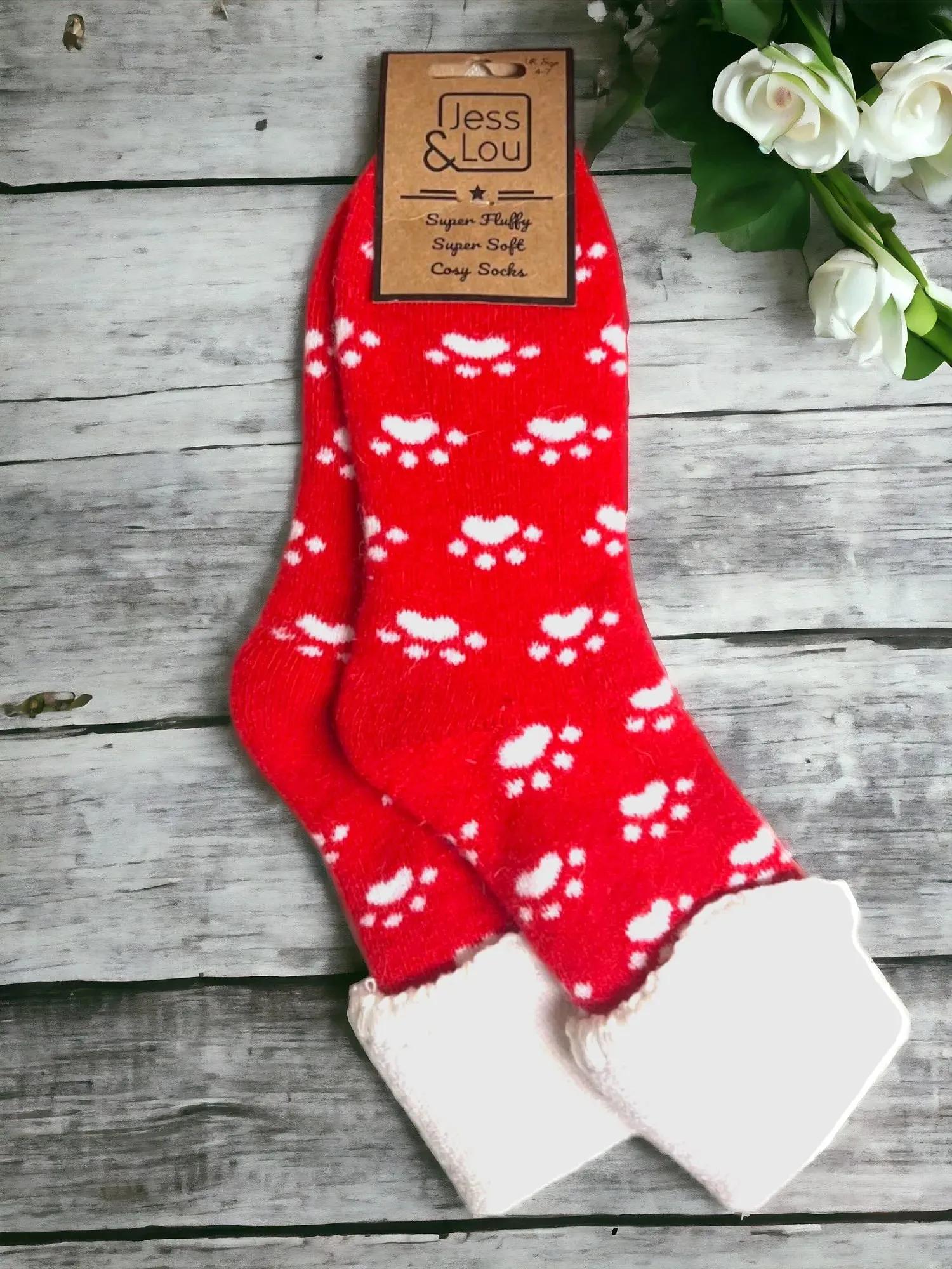 Jess & Lou Cozy Cuff Socks - Perfect Paws Red