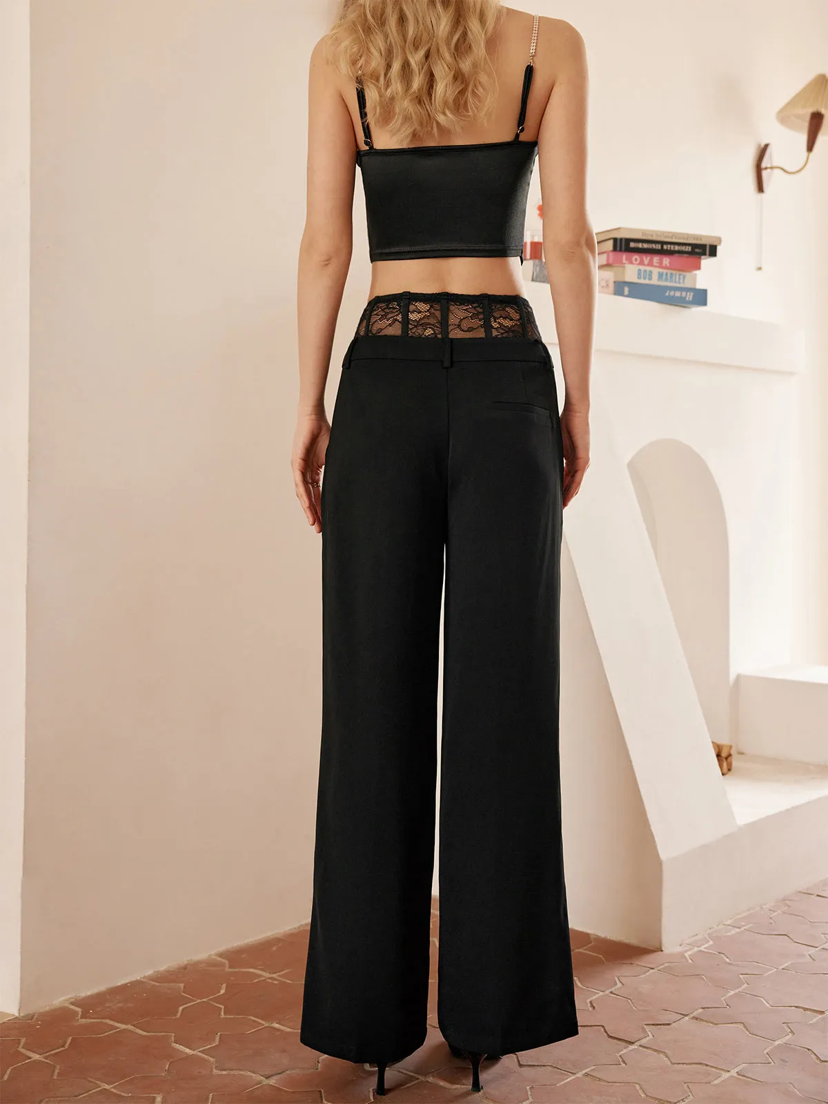 Lace Patchwork Pocket Trendy Straight Leg Pants