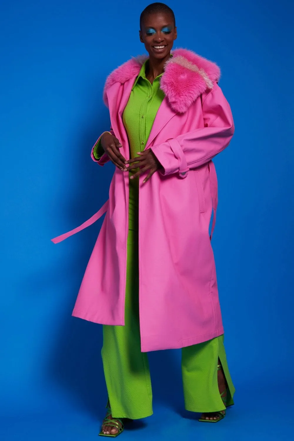 Ladies Hot Pink Eco Leather Trench Coat