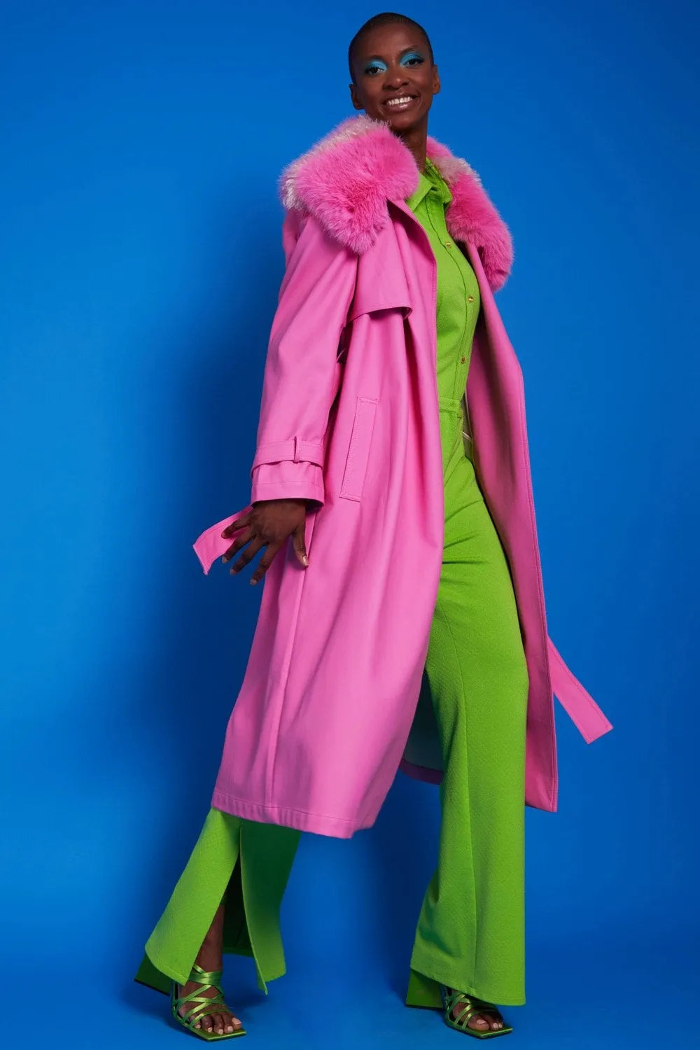 Ladies Hot Pink Eco Leather Trench Coat