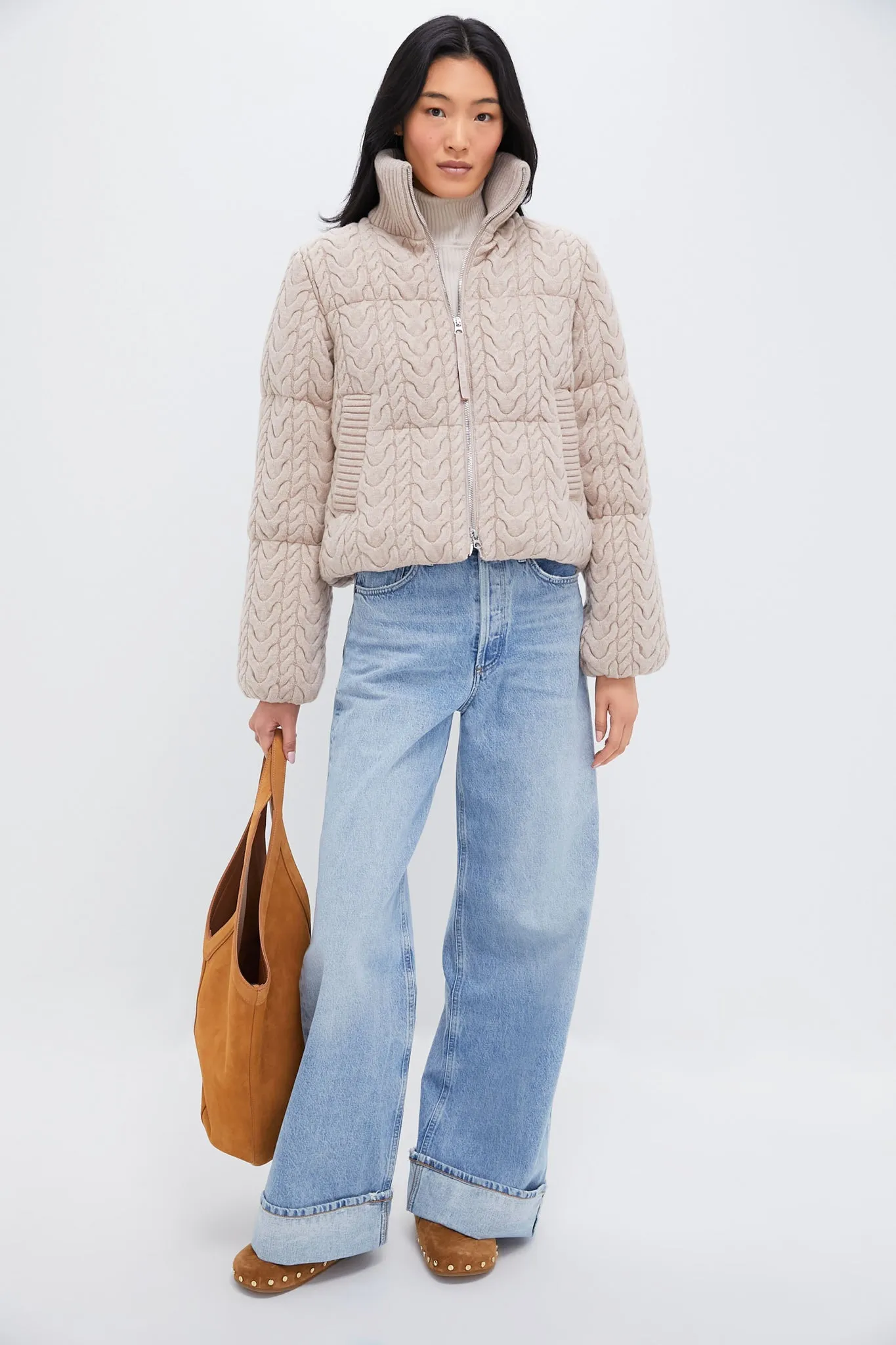 Light Taupe Reggie Cable Knit Puffer