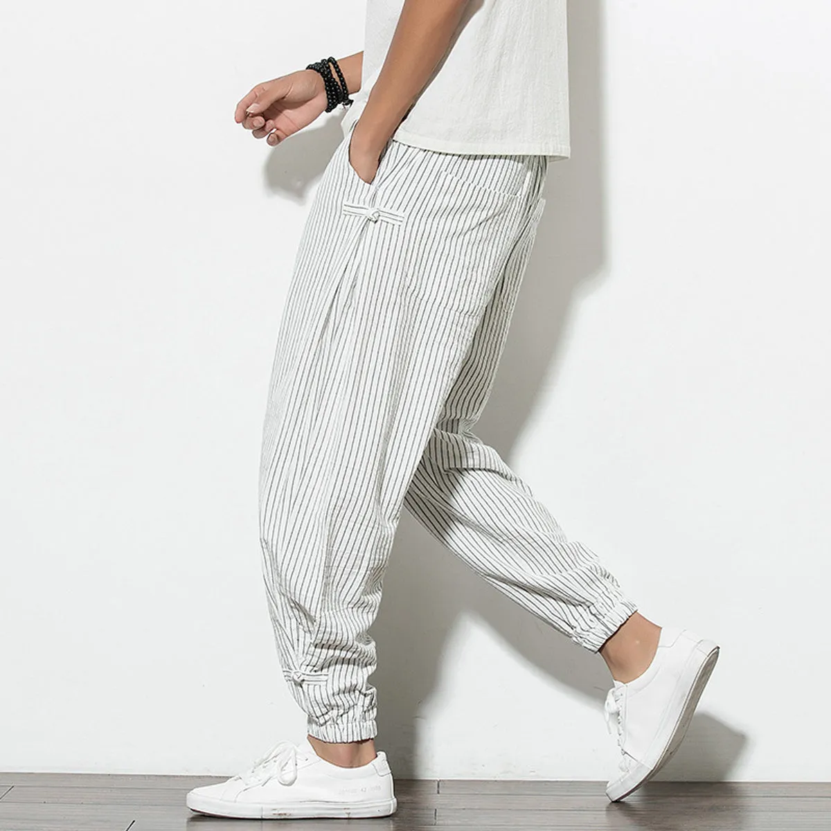 Men's Pants Loose Thin White Striped Jogger Breathable Casual Harem Pants