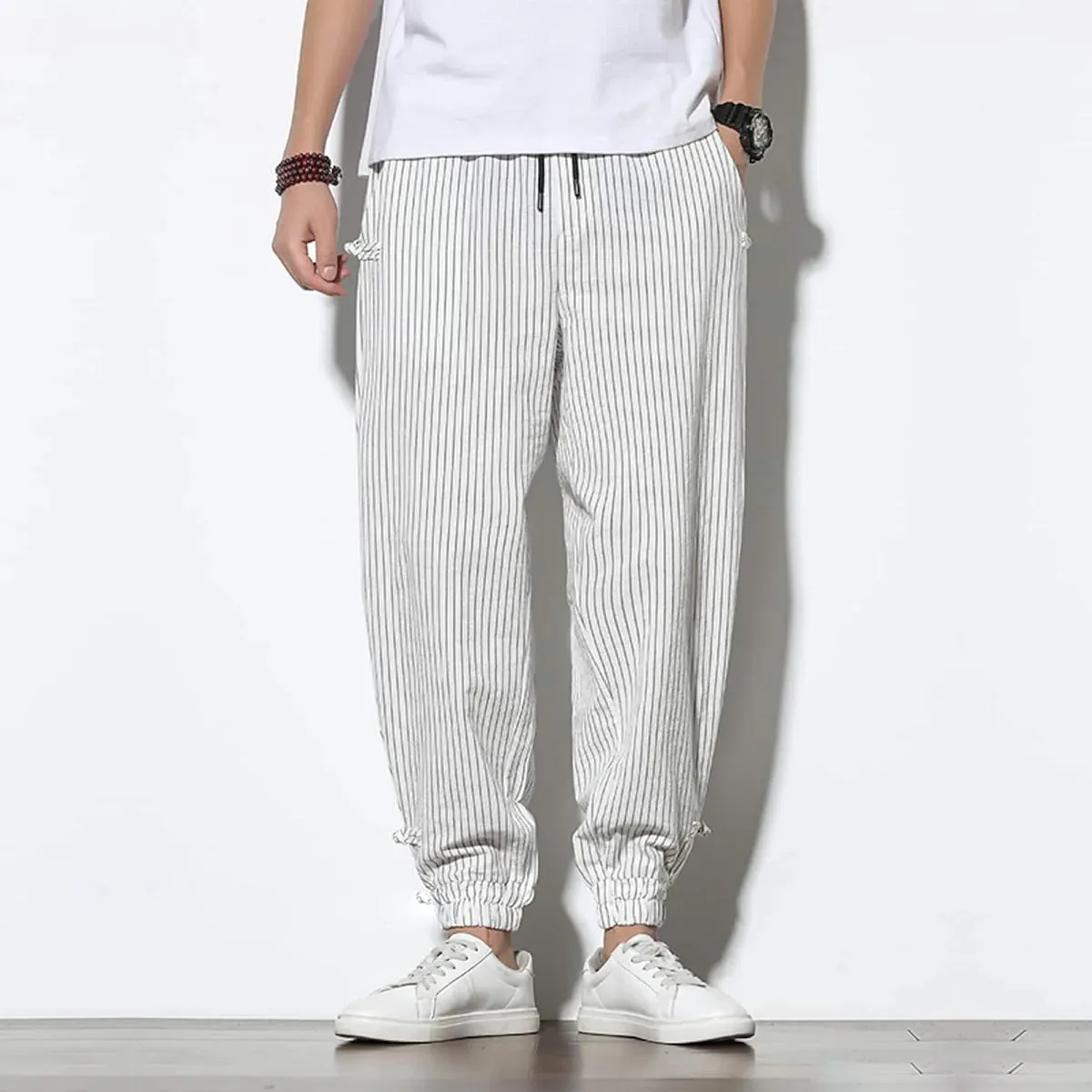 Men's Pants Loose Thin White Striped Jogger Breathable Casual Harem Pants