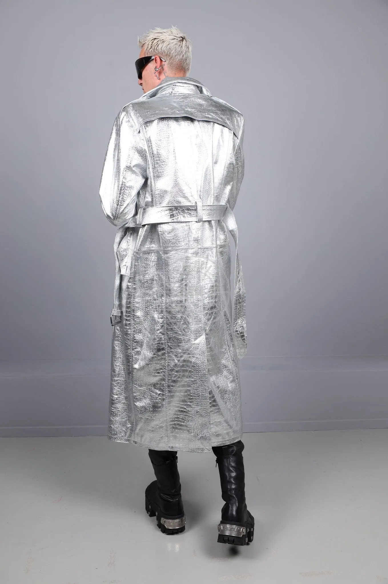 Metallic Leather Snake Trench Coat - Silver