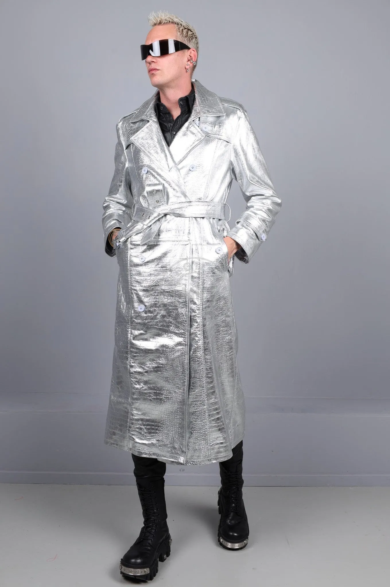 Metallic Leather Snake Trench Coat - Silver