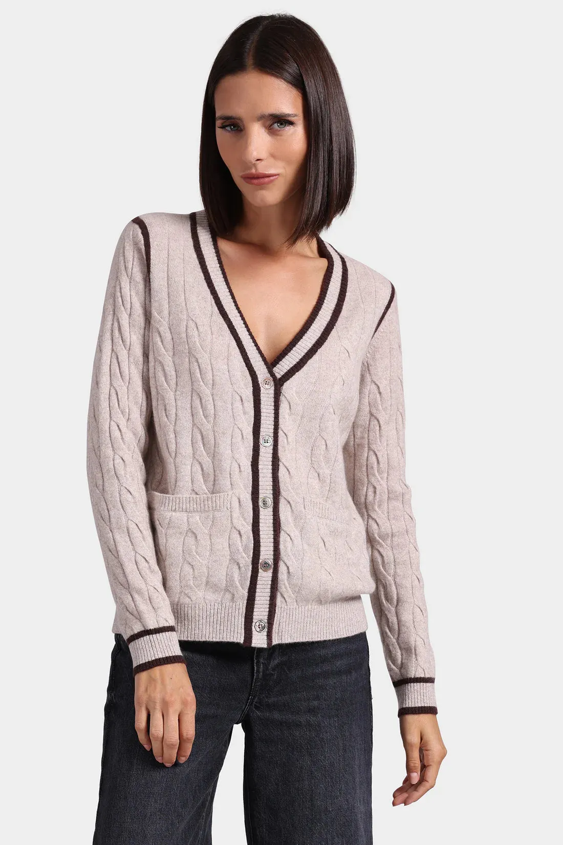 MINNIE ROSE-Cashmere Mixed Stitch Cardigan with Tipping Ecru/Chocolate