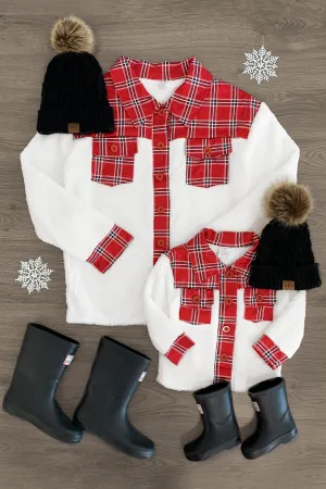 Mom & Me - Red & White Fuzzy Plaid Button Up