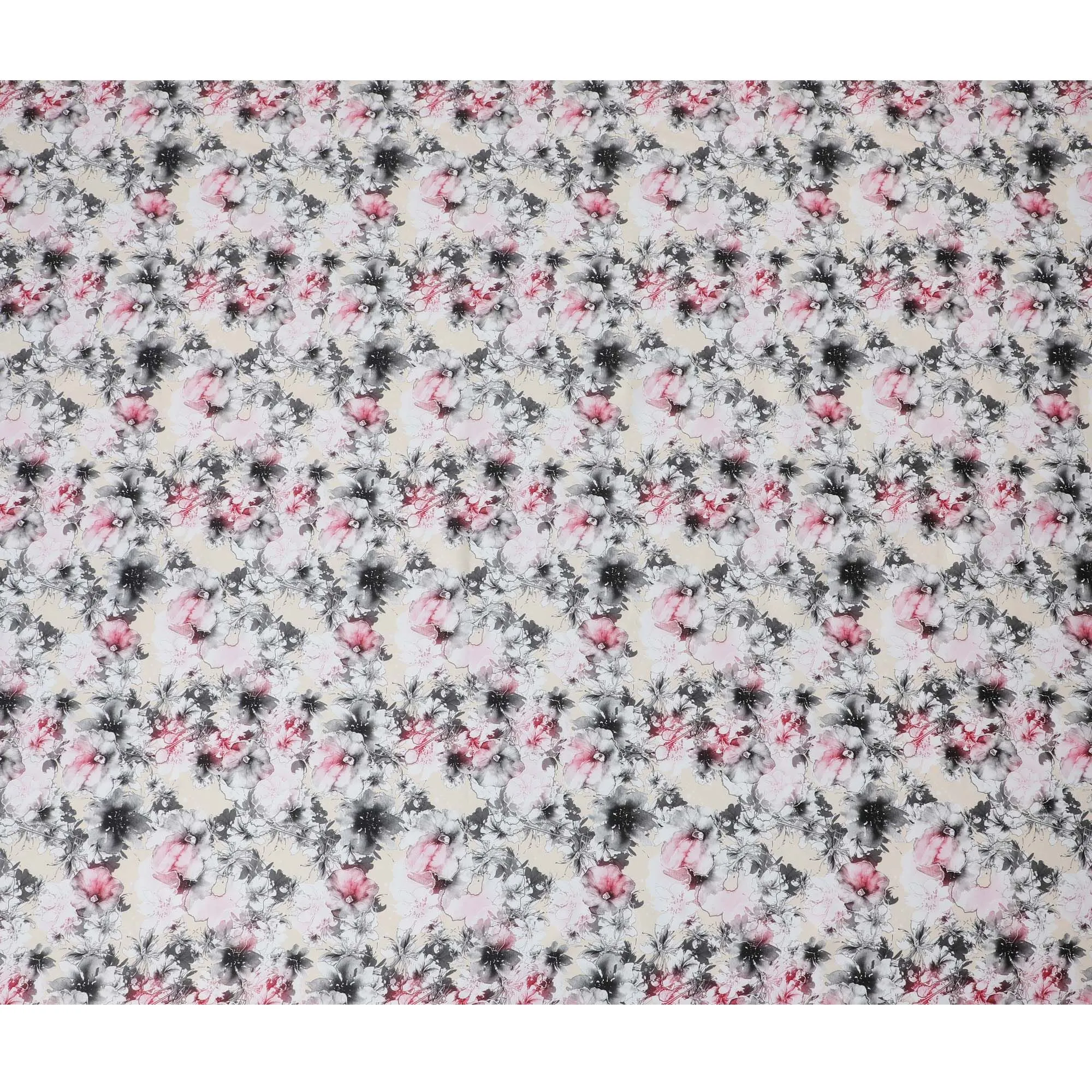 Monochrome Elegance Cotton Satin Fabric - 110cm Wide, Soft Floral Print from India-D18539