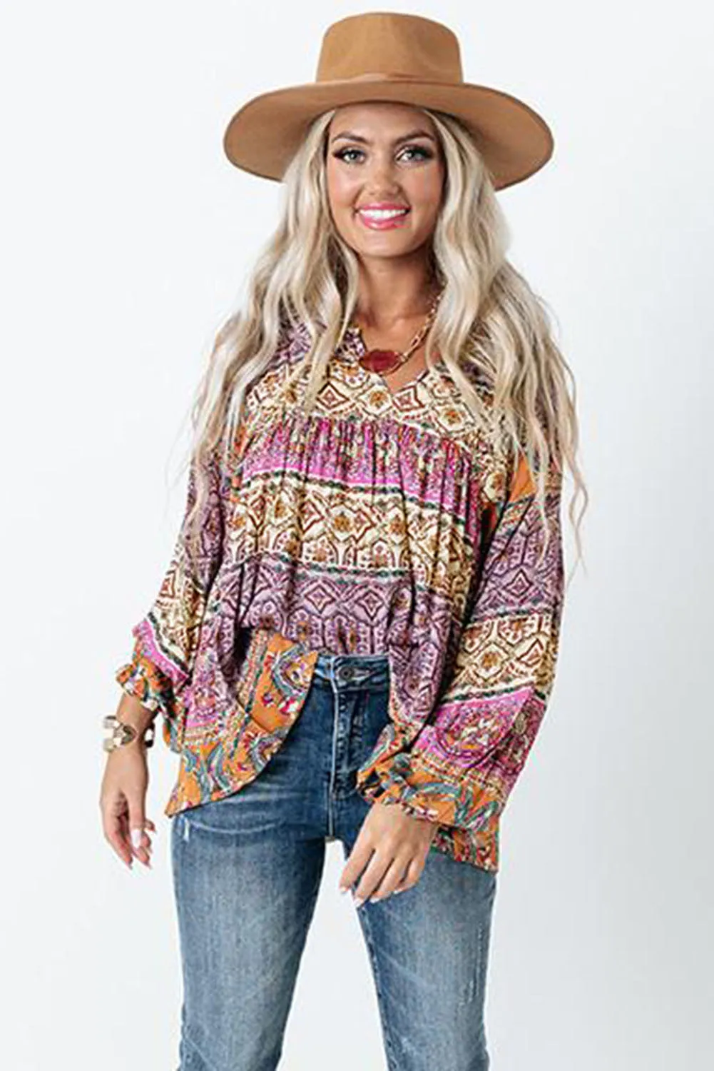 Multicolor Boho Print V Neck Bubble Sleeve Blouse