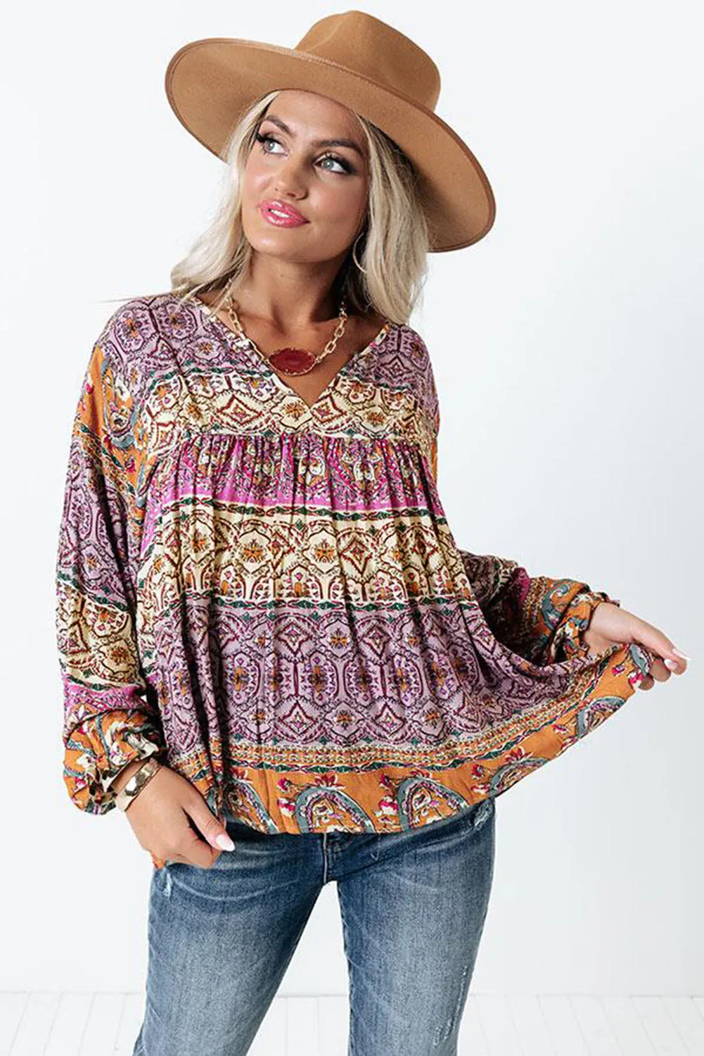 Multicolor Boho Print V Neck Bubble Sleeve Blouse