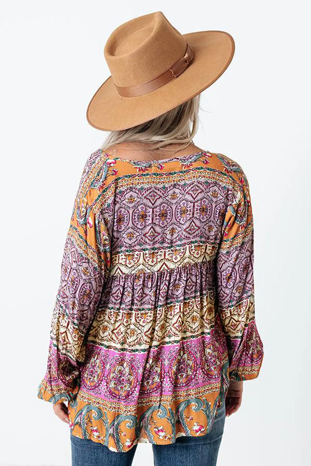 Multicolor Boho Print V Neck Bubble Sleeve Blouse